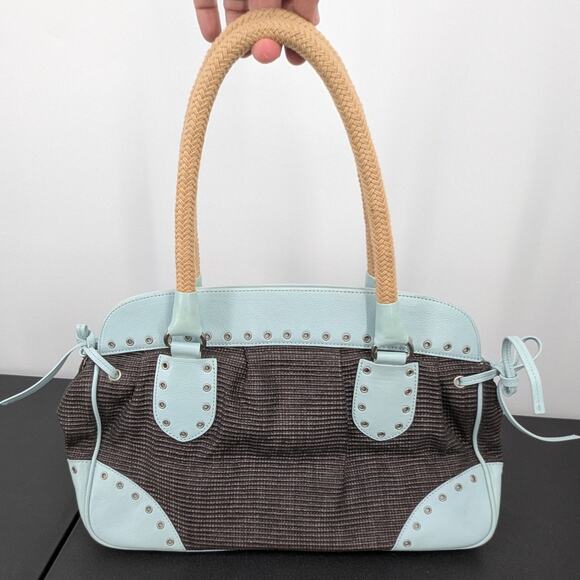 VTG Y2K Kate Landry Matching Handbag & Clutch Set Brown Woven Blue Leather Trim - Picture 3 of 14